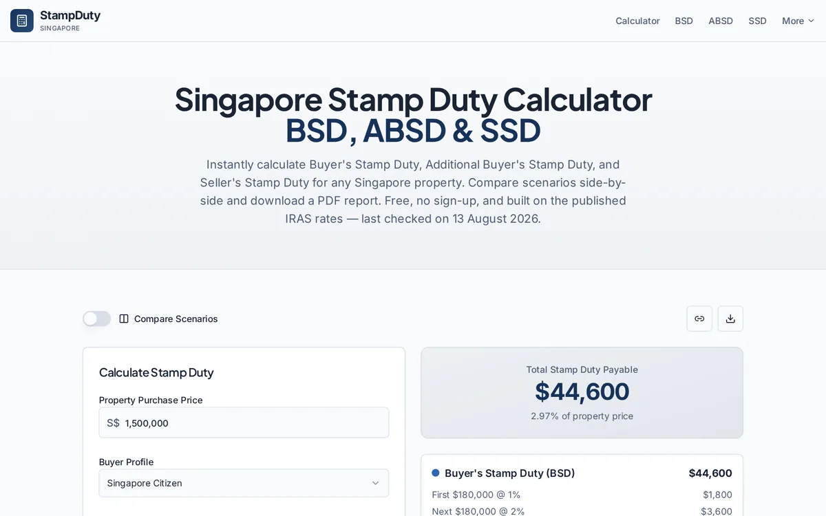 Stamp Duty Calculator — screenshot of the live app at stampduty.sg
